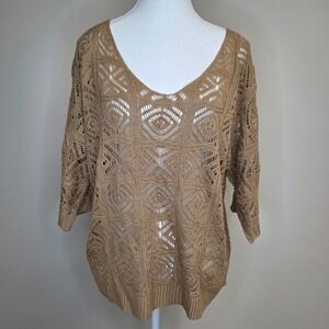 Dokotoo Women Crochet Knit V-Neck Sweater Tan Geometric Open Work Boho Top Large